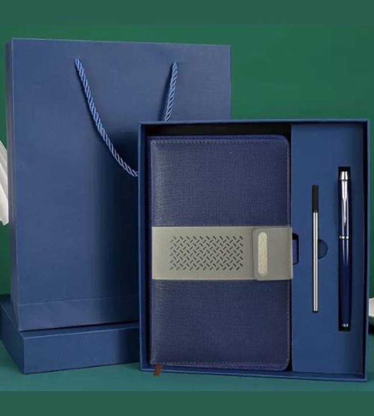 Coffret cadeau élégant Carnet en cuir bleu avec stylo raffiné et recharge d’encre Bleu